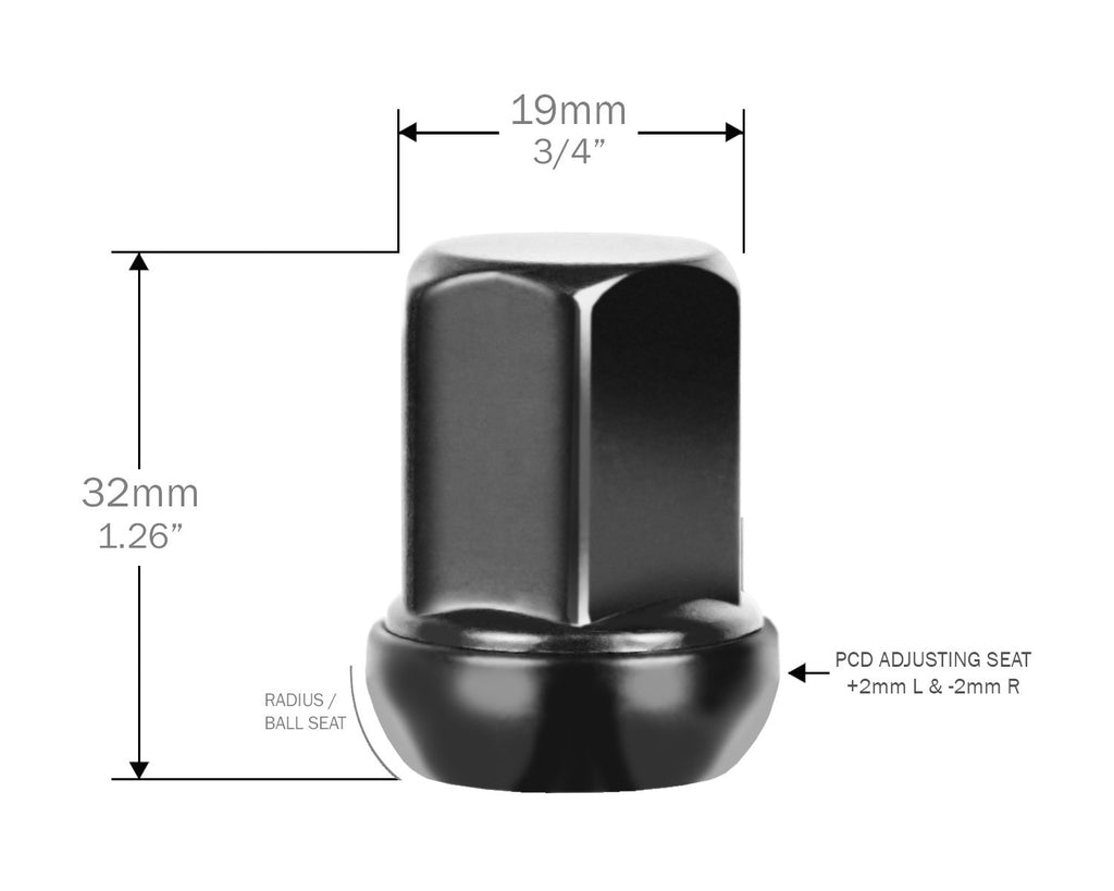 Perfectly Tight Lug Nuts 12mm x 1.25mm ( 20pc ) / Black Radius Seat / PCD Adjusting Lug Nuts - Black