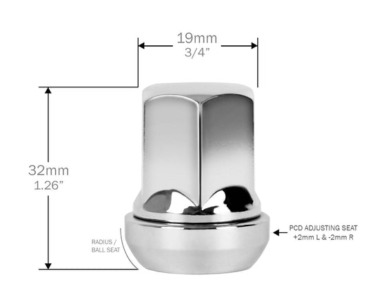 Perfectly Tight Lug Nuts 12mm x 1.25mm ( 20pc ) / Chrome Radius Seat / PCD Adjusting Lug Nuts - Chrome
