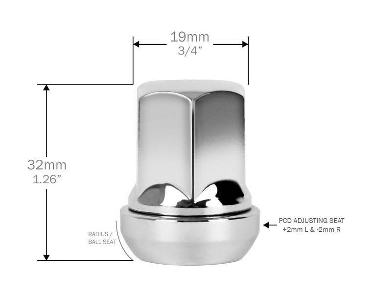 Perfectly Tight Lug Nuts 12mm x 1.25mm ( 20pc ) / Chrome Radius Seat / PCD Adjusting Lug Nuts - Chrome